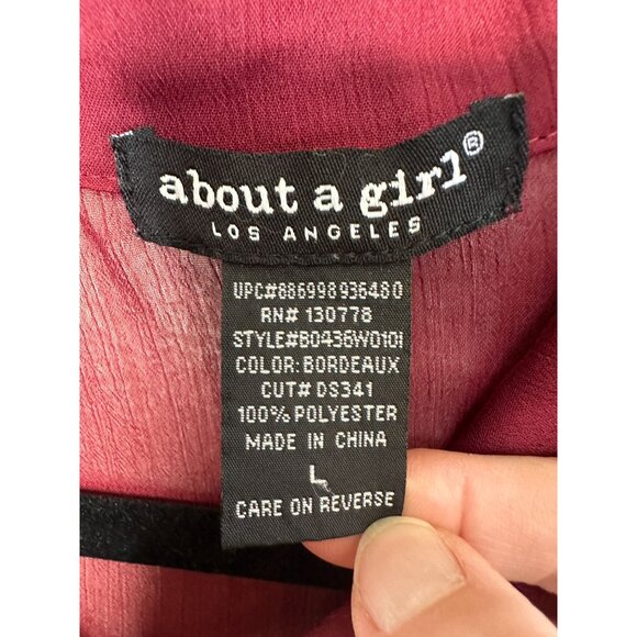 About A Girl‎ Womens Maroon Blouse L Sheer Button-Up Long Sleeve 100% Polyester - Picture 5 of 7